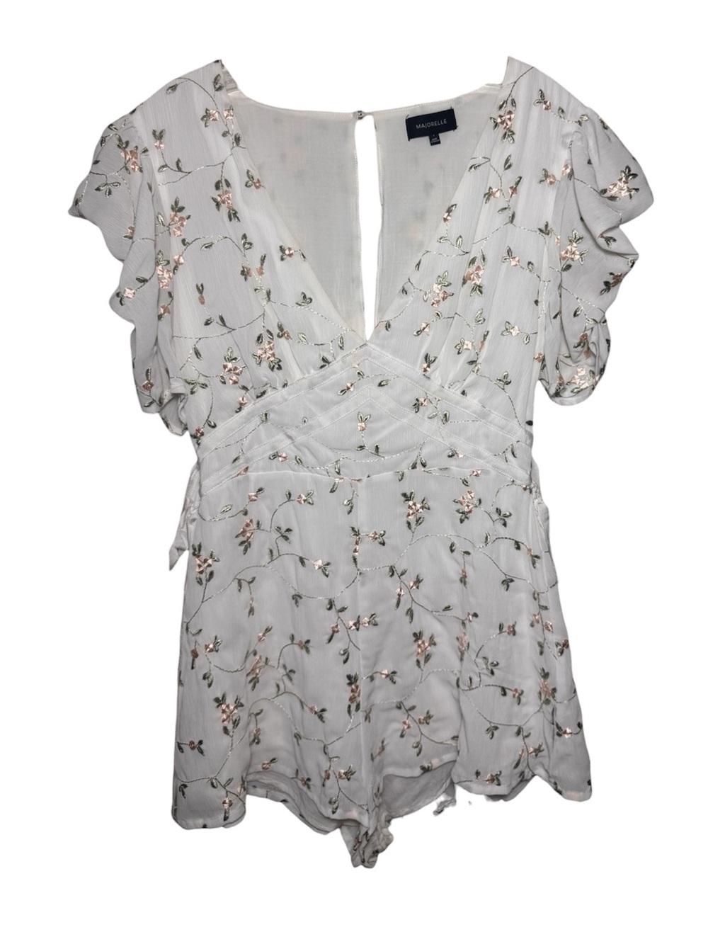 MAJORELLE Women’s White Floral Embroidered V-Neck Ruffle Romper Button S